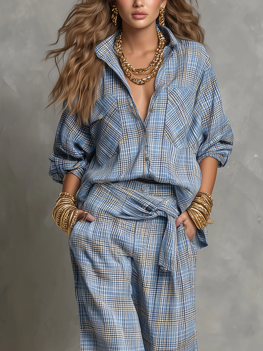 Relaxed Blue Plaid Shirt Wide Leg Pants Set - Image 2
