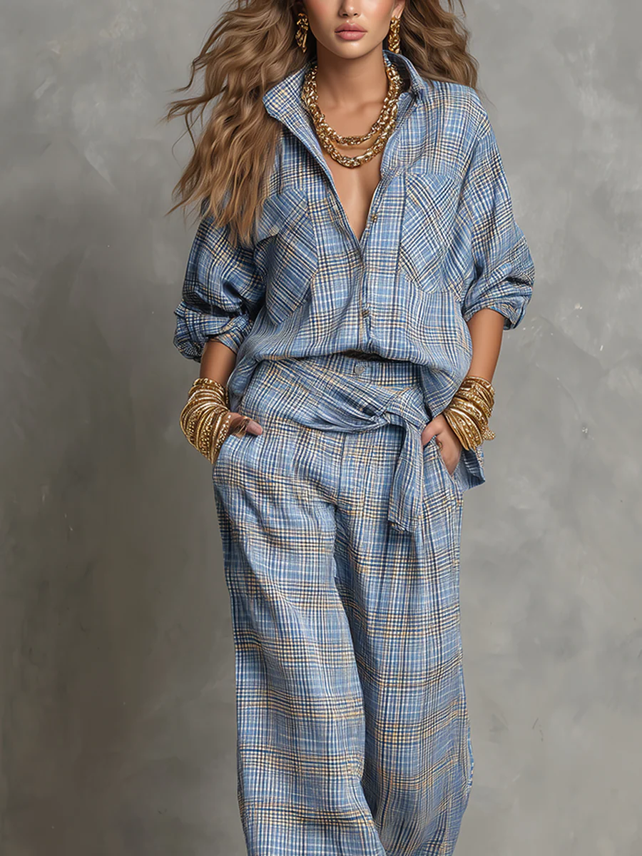 Relaxed Blue Plaid Shirt Wide Leg Pants Set - Image 3