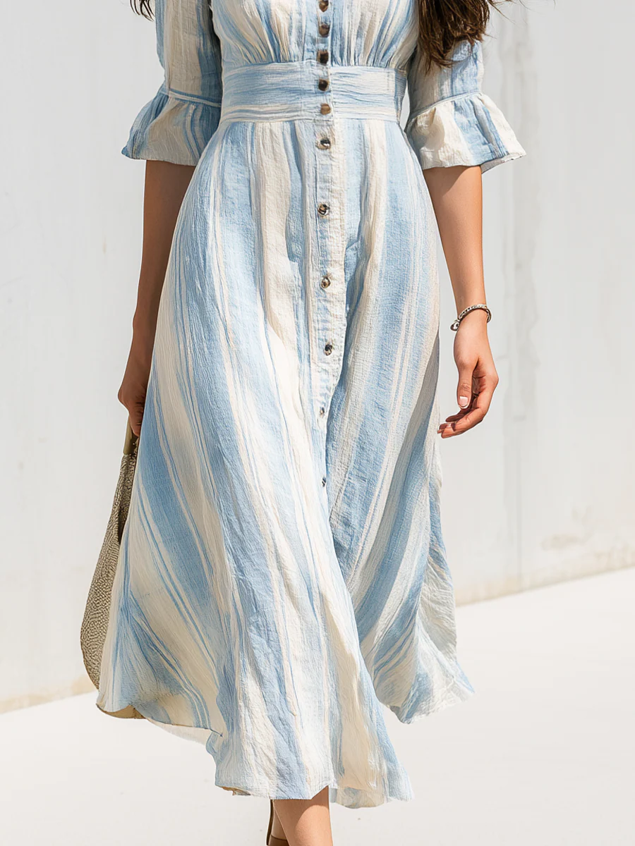 Relaxed Blue Striped Button-Front Midi Dress - Image 3