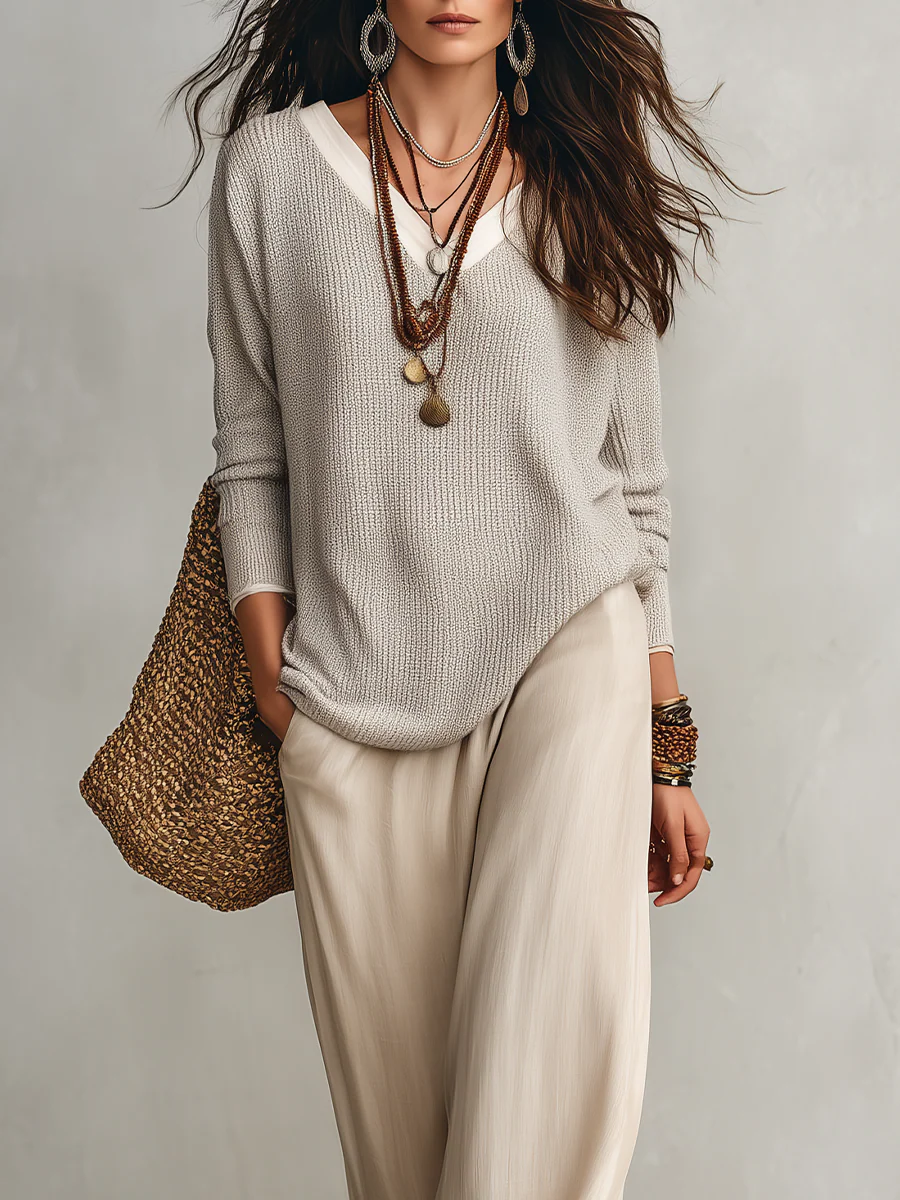 Relaxed Coastal Knit Sweater & Palazzo Pants Outfit Set - Image 2