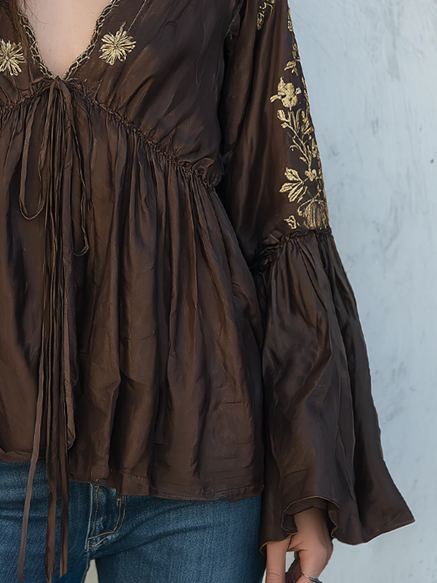 Relaxed Dark Brown Embroidered Tie Front Blouse - Image 3