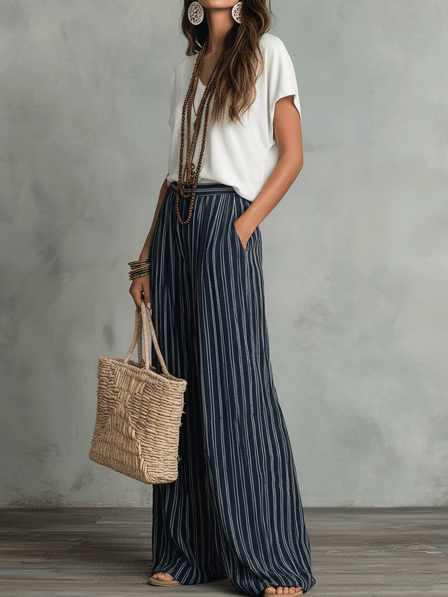 Relaxed Effortless Bohemian Stripe Wide-Leg Pants Set - Image 3