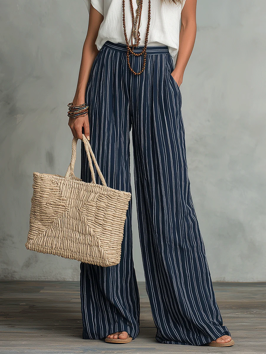Relaxed Effortless Bohemian Stripe Wide-Leg Pants Set - Image 5