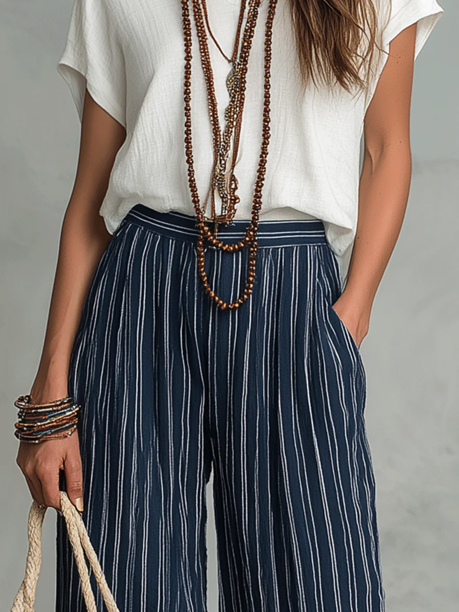 Relaxed Effortless Bohemian Stripe Wide-Leg Pants Set - Image 6