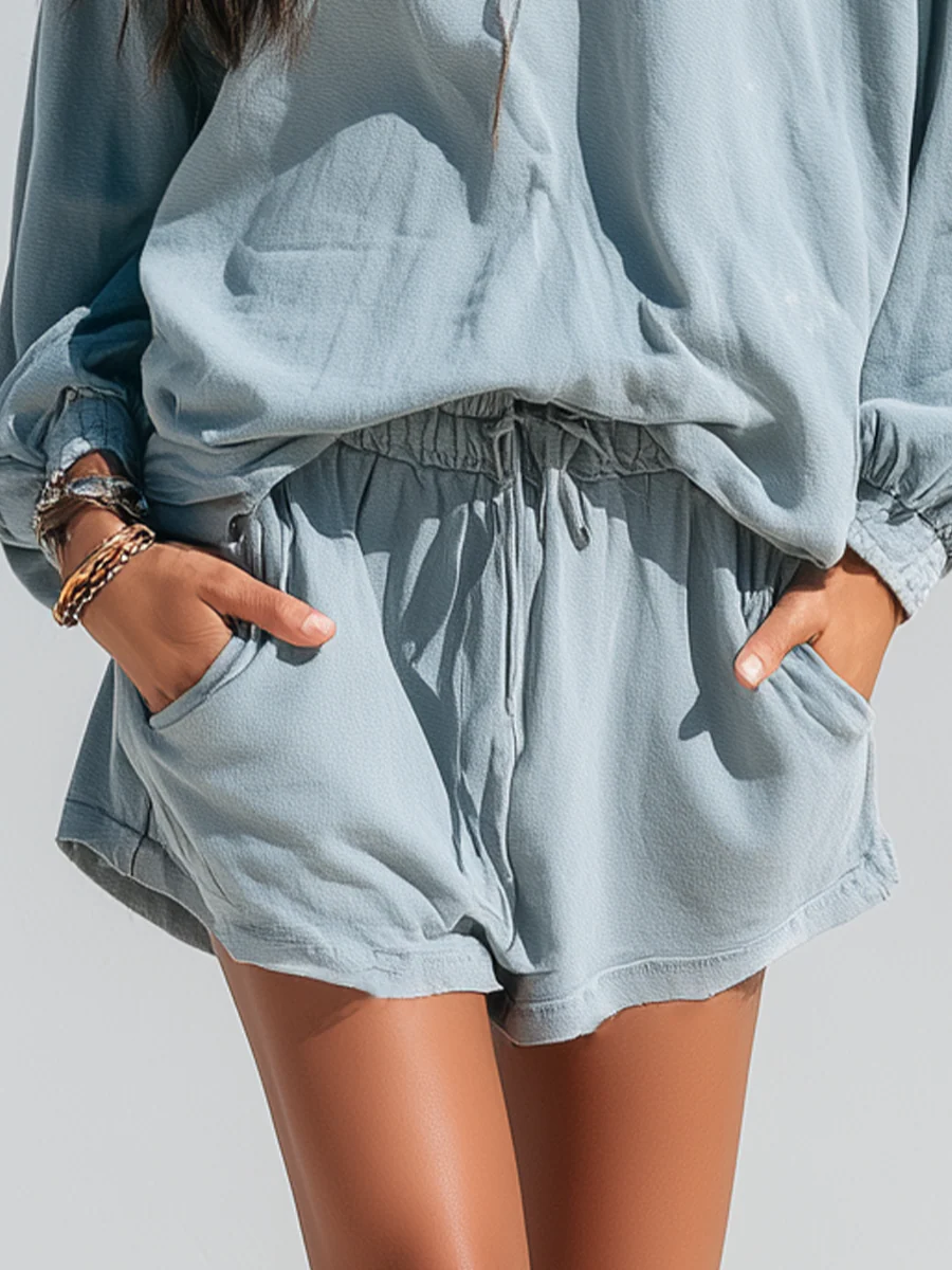 Relaxed Light Blue Button Detail Belted Shirt & Shorts Set - Image 3