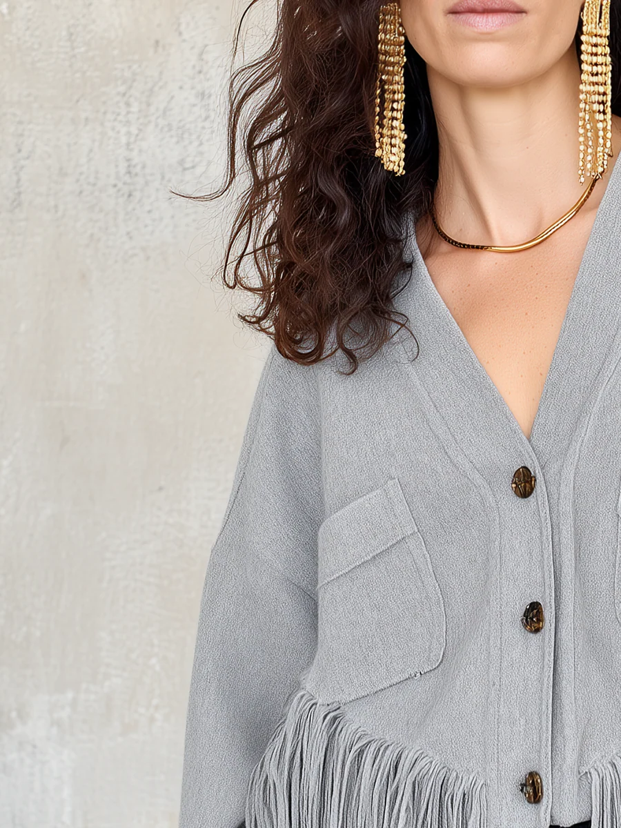 Relaxed Light Gray Fringe Cardigan - Image 2