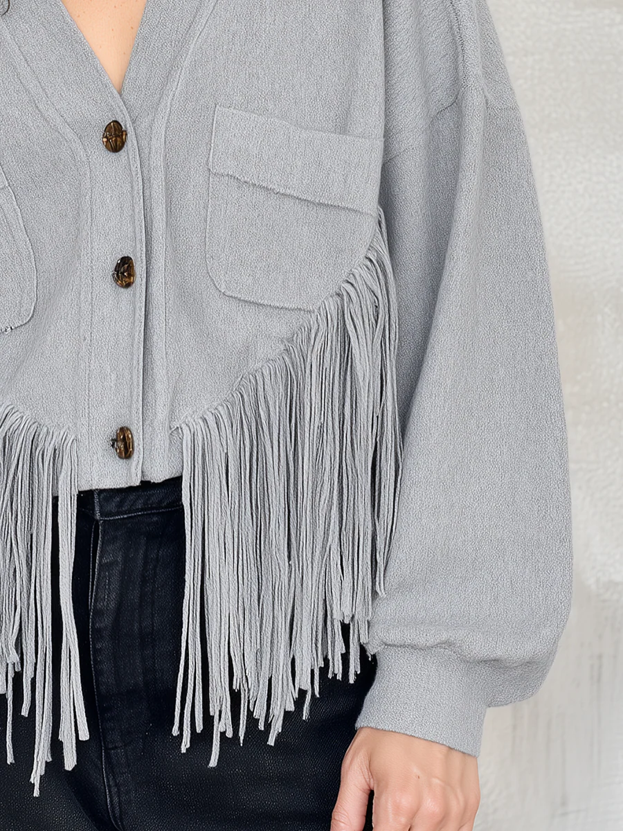 Relaxed Light Gray Fringe Cardigan - Image 3