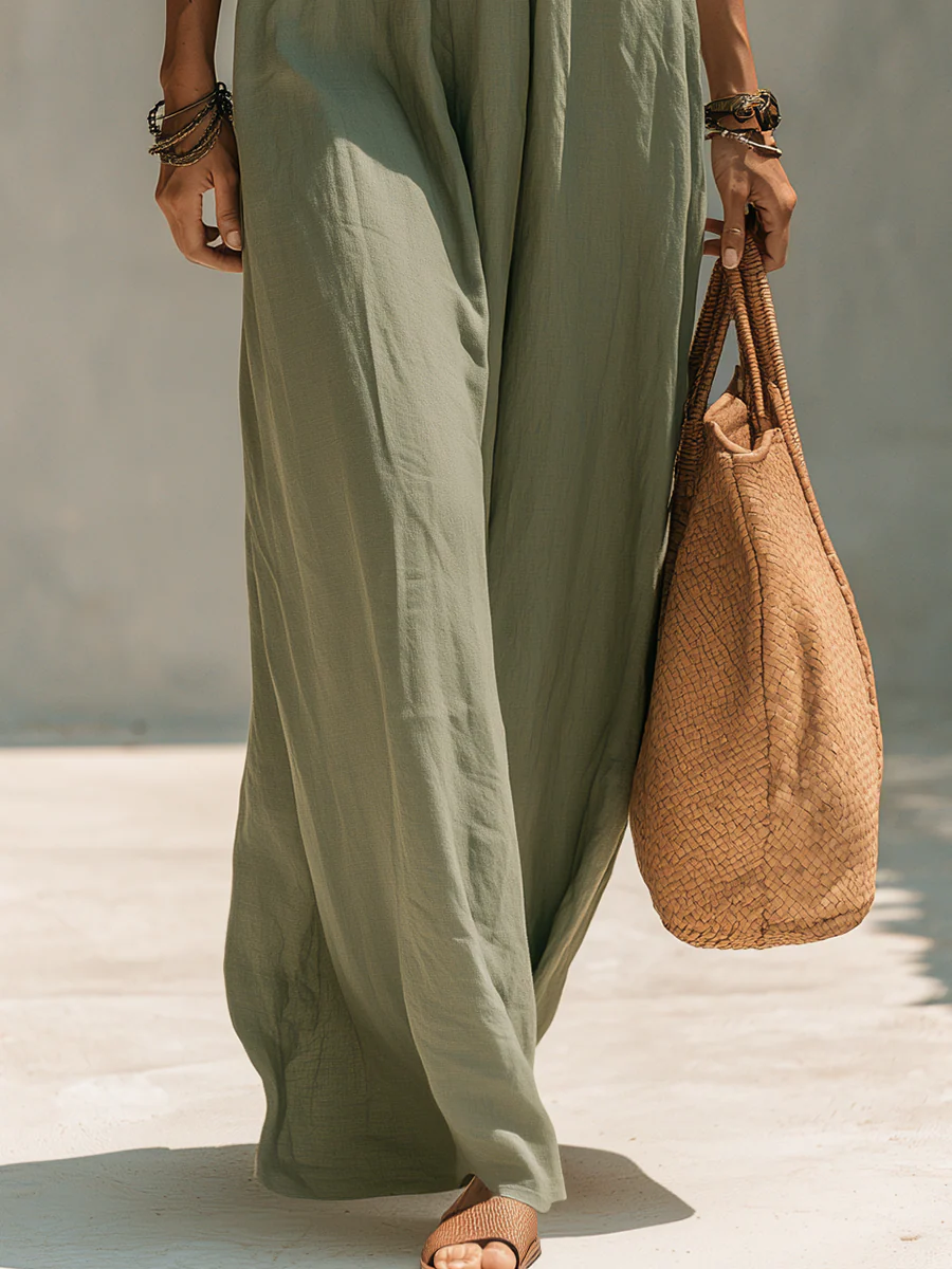 Relaxed Olive Lace-Back Wide-Leg Maxi Dress - Image 3