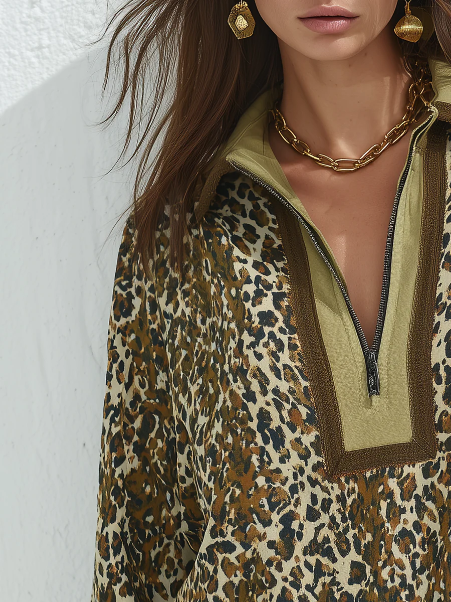 Relaxed Olive Leopard Quarter-Zip Pullover - Image 2