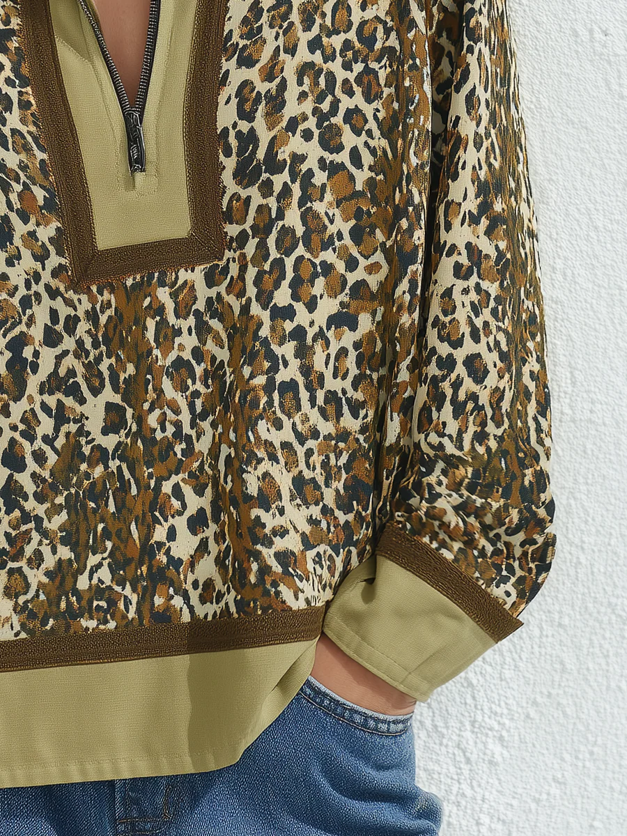 Relaxed Olive Leopard Quarter-Zip Pullover - Image 3