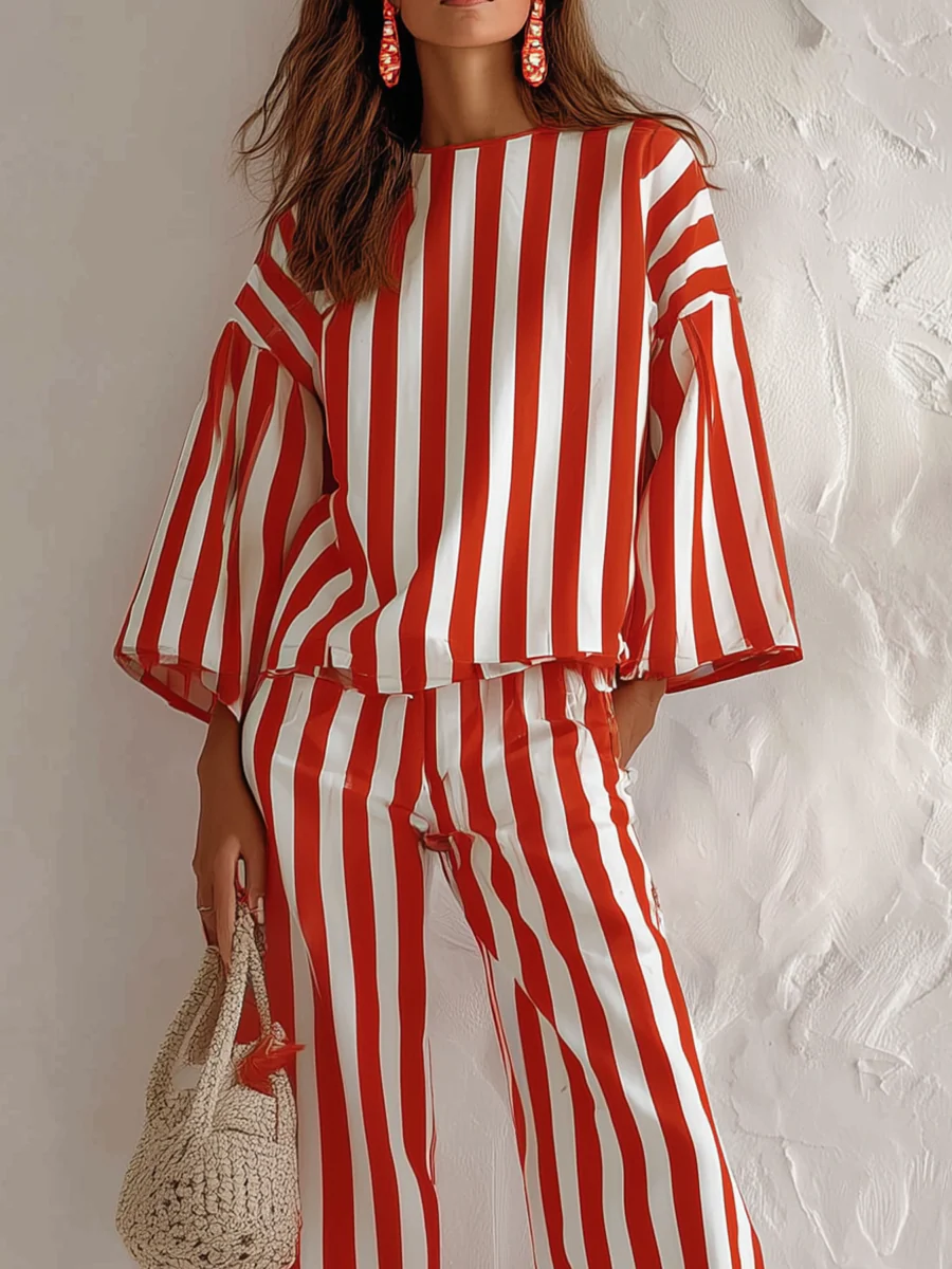 Relaxed Red White Striped Two Piece Set - Image 2