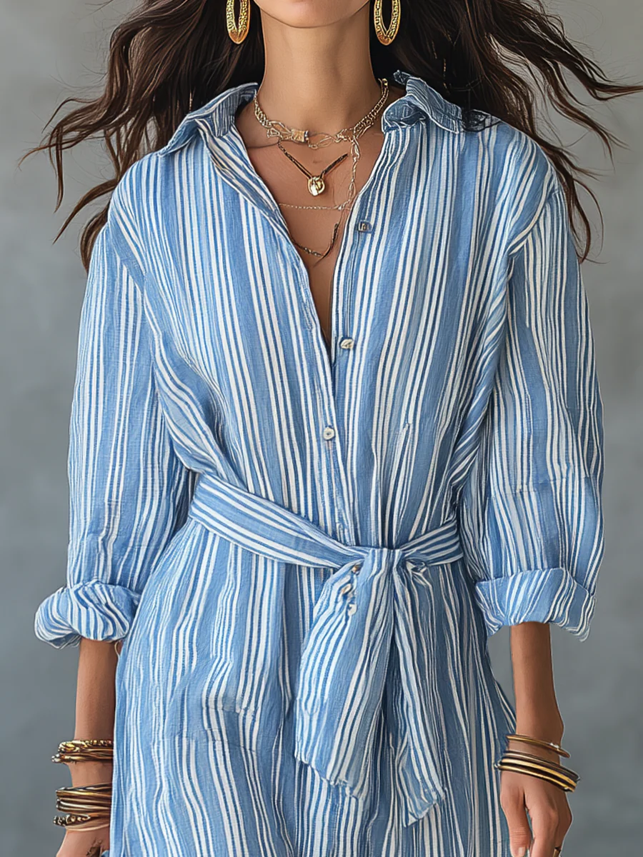 Relaxed Sky Blue Striped Shirt Maxi Dress - Image 2
