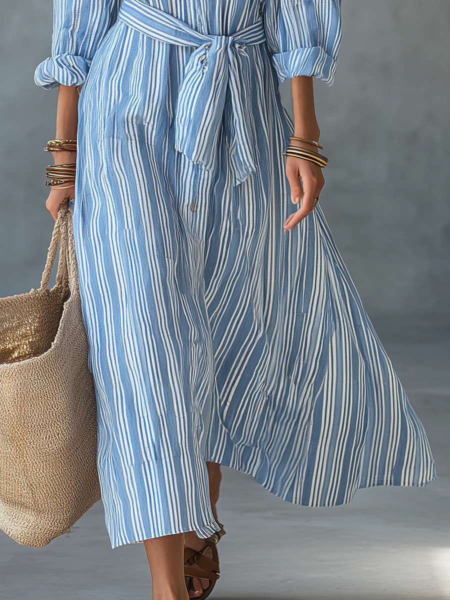 Relaxed Sky Blue Striped Shirt Maxi Dress - Image 3