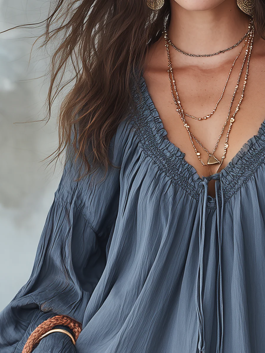 Relaxed Slate Blue Smocked Blouse - Image 2