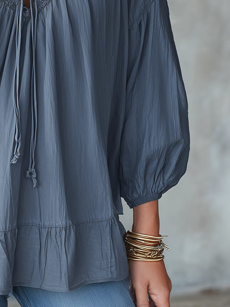 Relaxed Slate Blue Smocked Blouse - Image 3