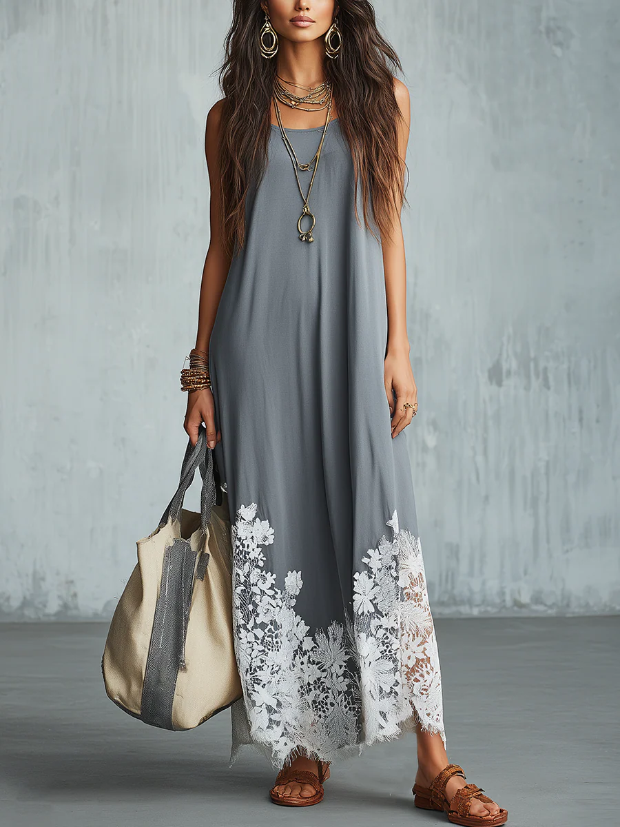 Relaxed Slate Gray Floral Hem Maxi Dress