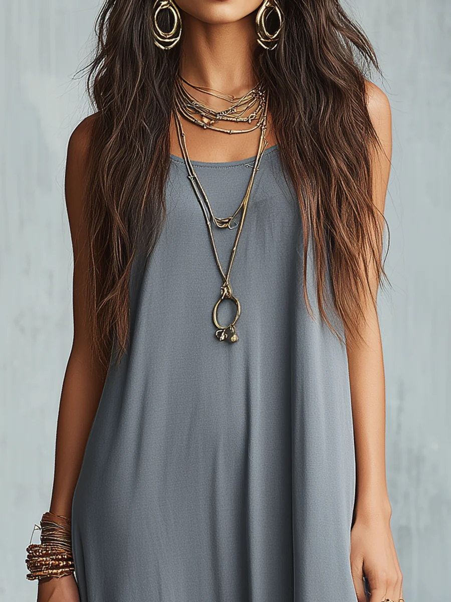 Relaxed Slate Gray Floral Hem Maxi Dress - Image 2
