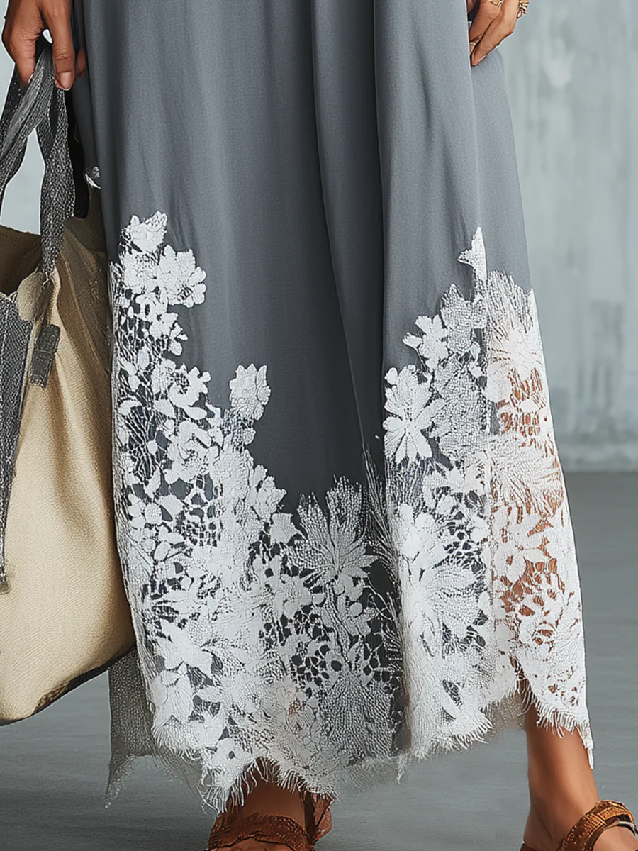 Relaxed Slate Gray Floral Hem Maxi Dress - Image 3