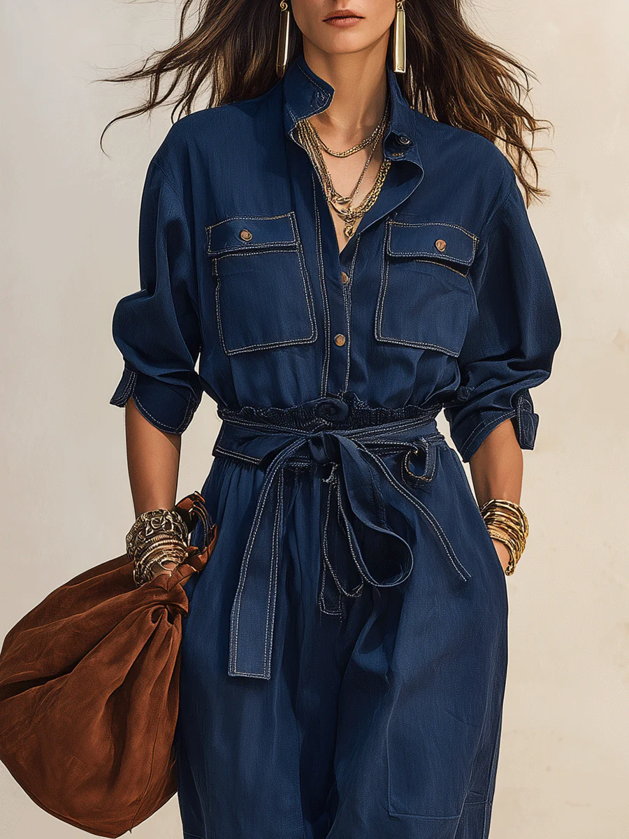 Relaxed Soft Denim Utility Set: Indigo Button-Front Shirt And Cropped Pants - Image 2