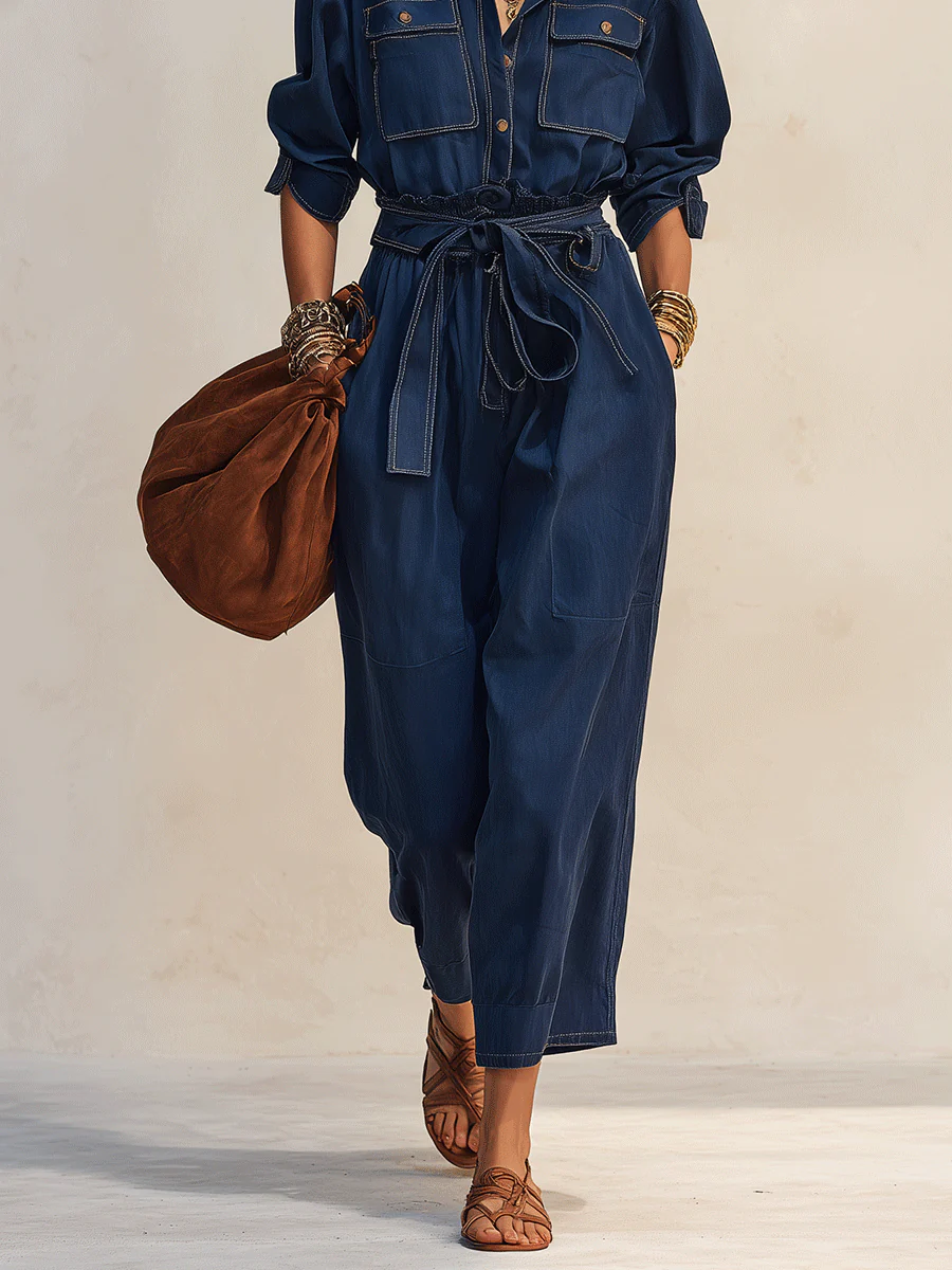 Relaxed Soft Denim Utility Set: Indigo Button-Front Shirt And Cropped Pants - Image 3