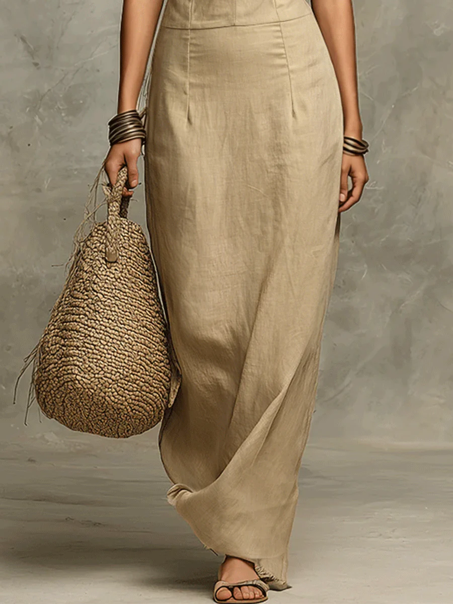 Relaxed Soft Drape Halter Column Linen Halter Maxi Dress - Image 10