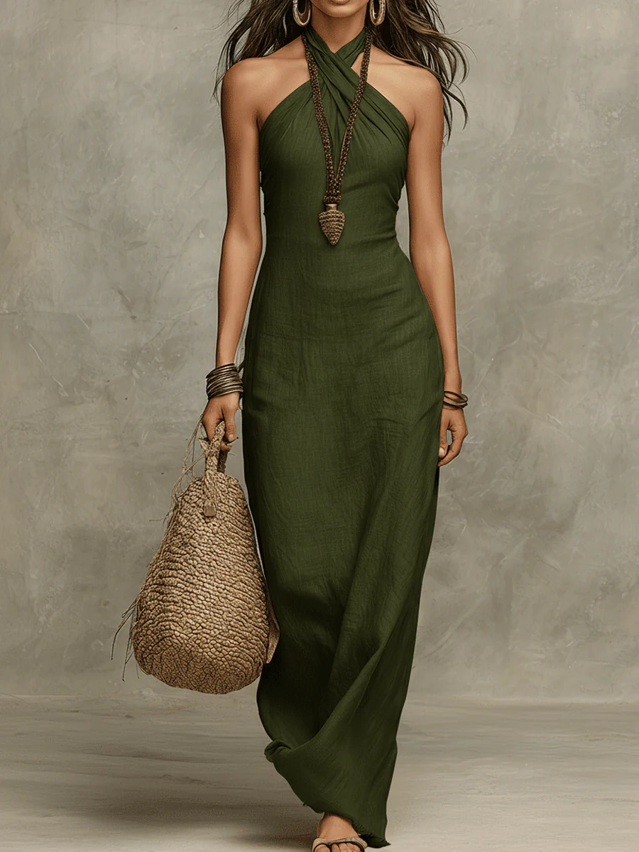 Relaxed Soft Drape Halter Column Linen Halter Maxi Dress - Image 6