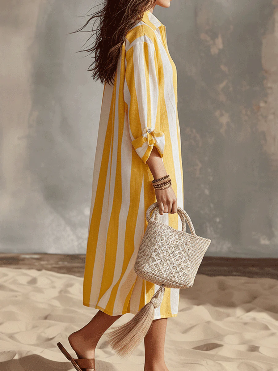 Relaxed Striped Resort Yellow & White Stripe Midi Dress - Image 3