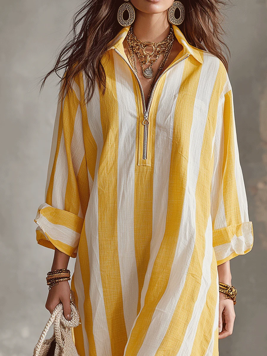 Relaxed Striped Resort Yellow & White Stripe Midi Dress - Image 4