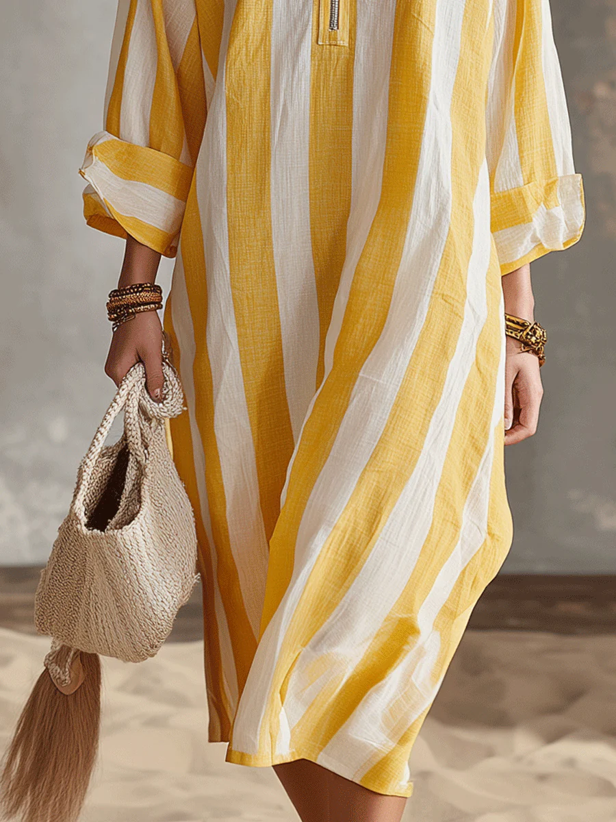Relaxed Striped Resort Yellow & White Stripe Midi Dress - Image 5