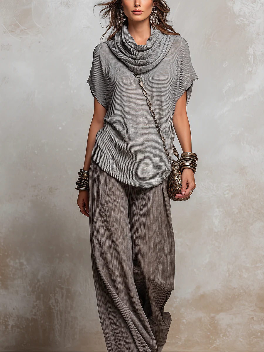 Relaxed Taupe Crinkled Wide-Leg Set - Image 3