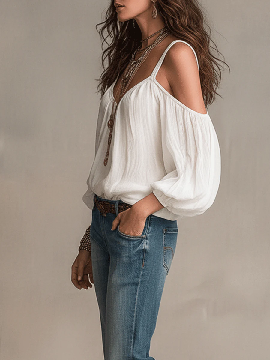 Relaxed V-Neck Cold-Shoulder Boho Blouse - Image 5