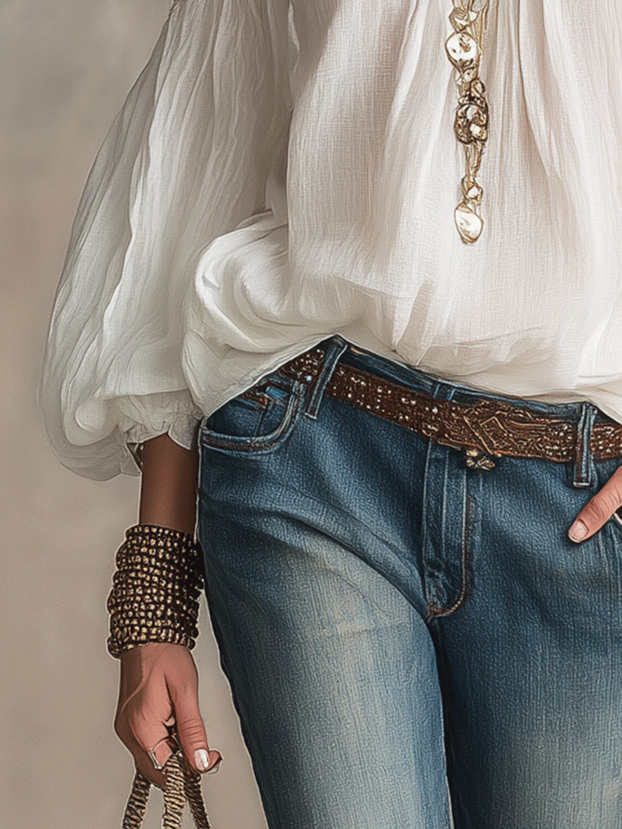 Relaxed V-Neck Cold-Shoulder Boho Blouse - Image 8