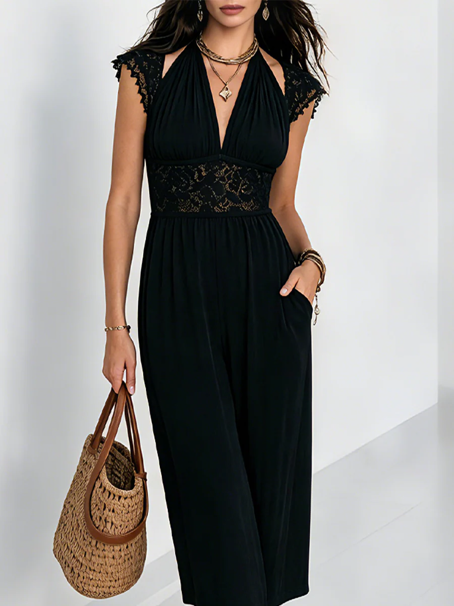 Resort Black Halter Neck Lace Trim A-Line Midi Dress - Image 2