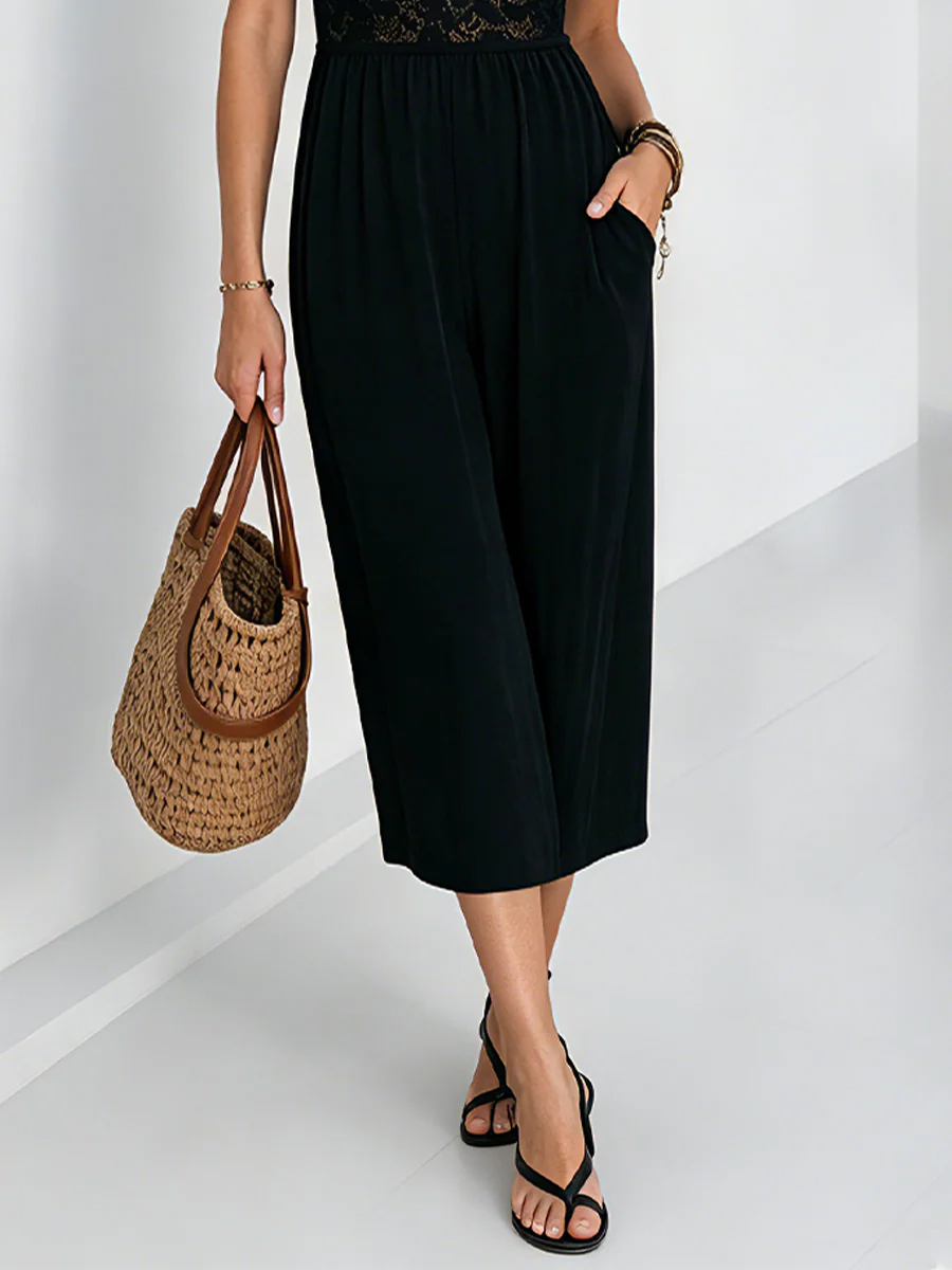 Resort Black Halter Neck Lace Trim A-Line Midi Dress - Image 3