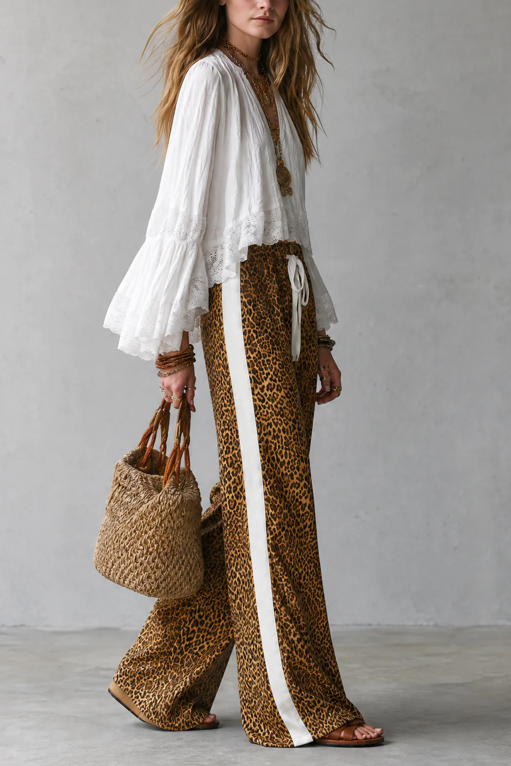 Resort Bohemian Ruffle Top & Animal Print Palazzo Pants Outfit Set - Image 3