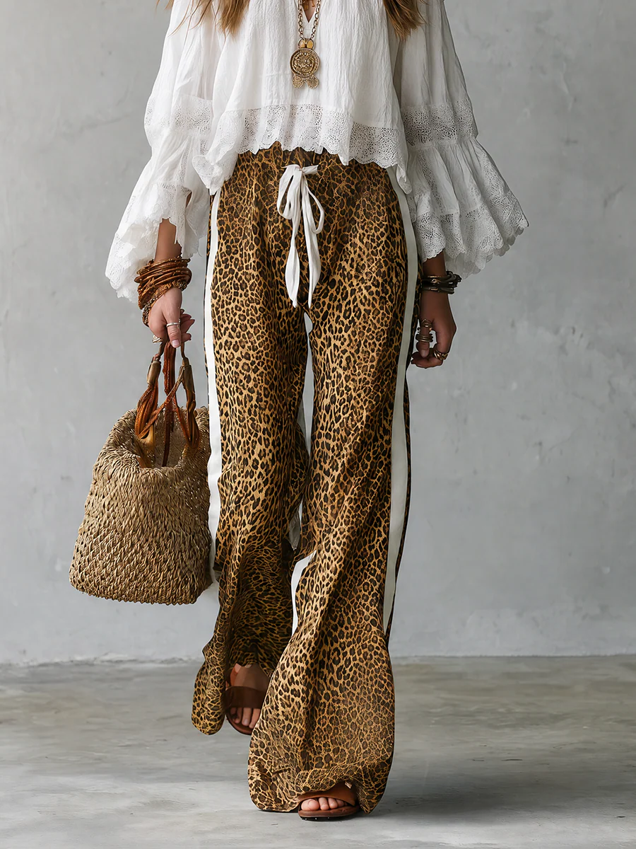 Resort Bohemian Ruffle Top & Animal Print Palazzo Pants Outfit Set - Image 4