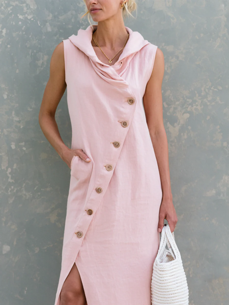 Resort Chic Asymmetric Button Front Hooded Maxi Dress - Image 2