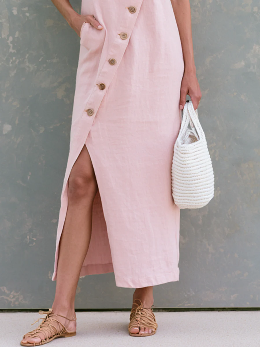 Resort Chic Asymmetric Button Front Hooded Maxi Dress - Image 3