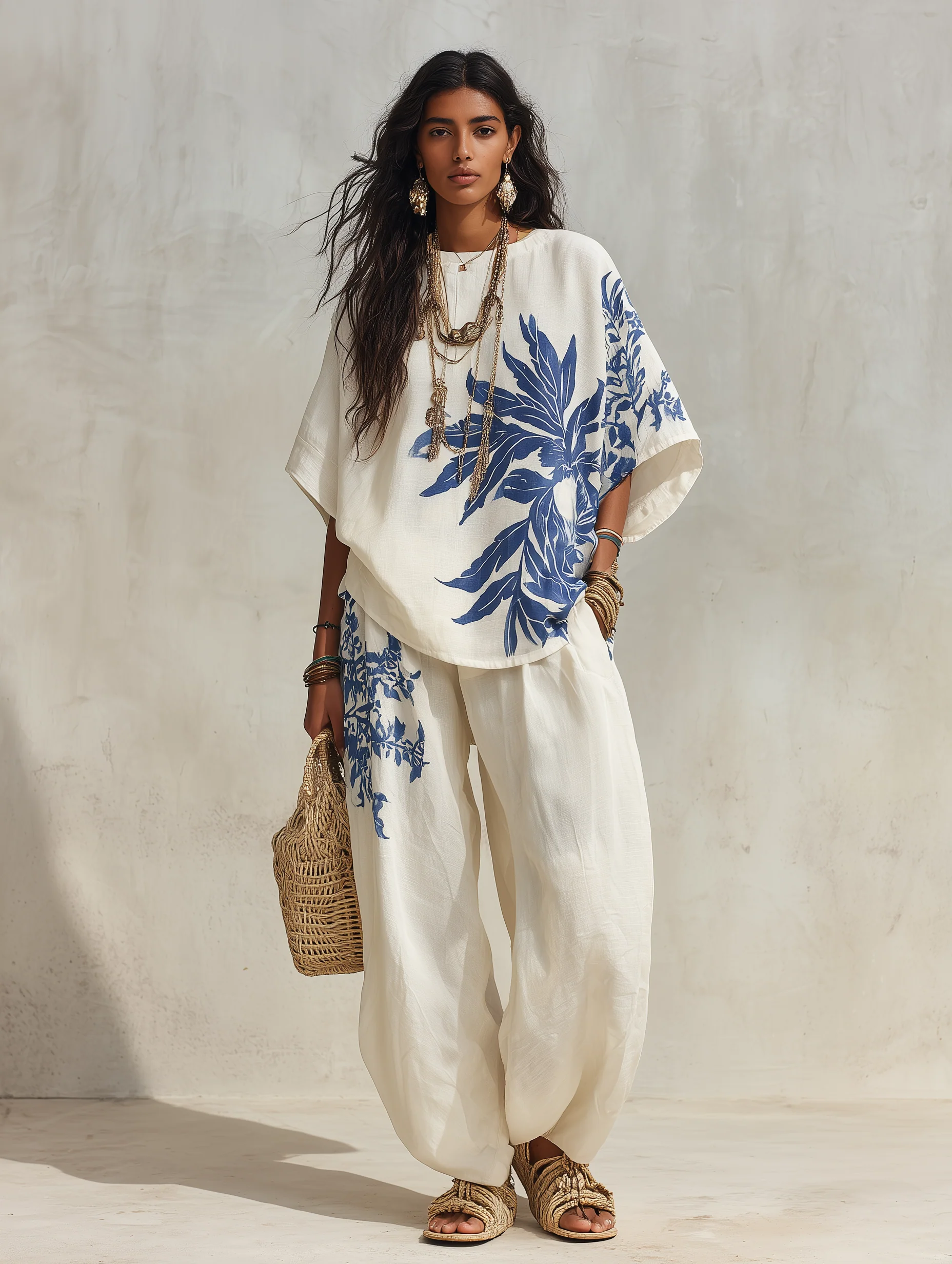 Resort Chic Linen Botanical-Print Wide-Leg Blue & White Loungewear Set - Image 2