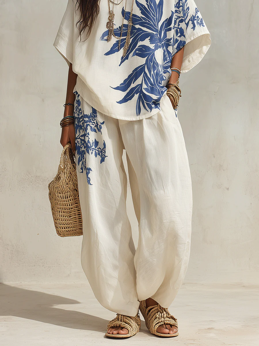 Resort Chic Linen Botanical-Print Wide-Leg Blue & White Loungewear Set - Image 3