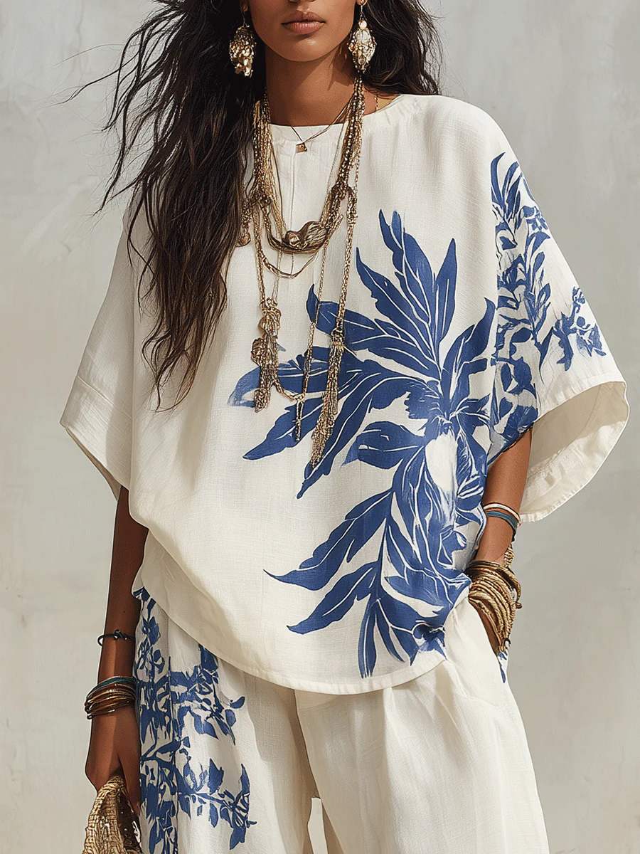 Resort Chic Linen Botanical-Print Wide-Leg Blue & White Loungewear Set - Image 4