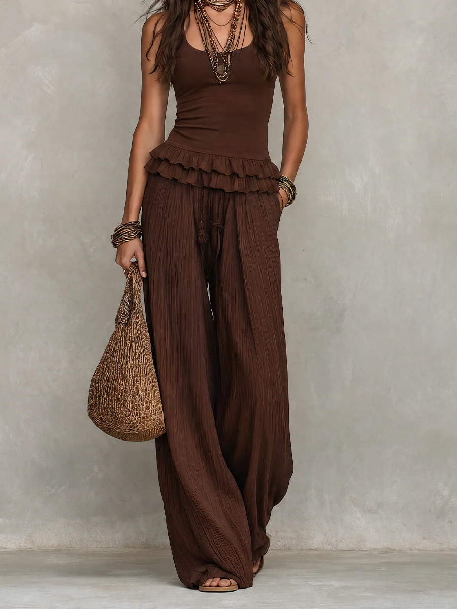 Resort Chocolate Brown Ruffled Waist Lounge Set - Image 3