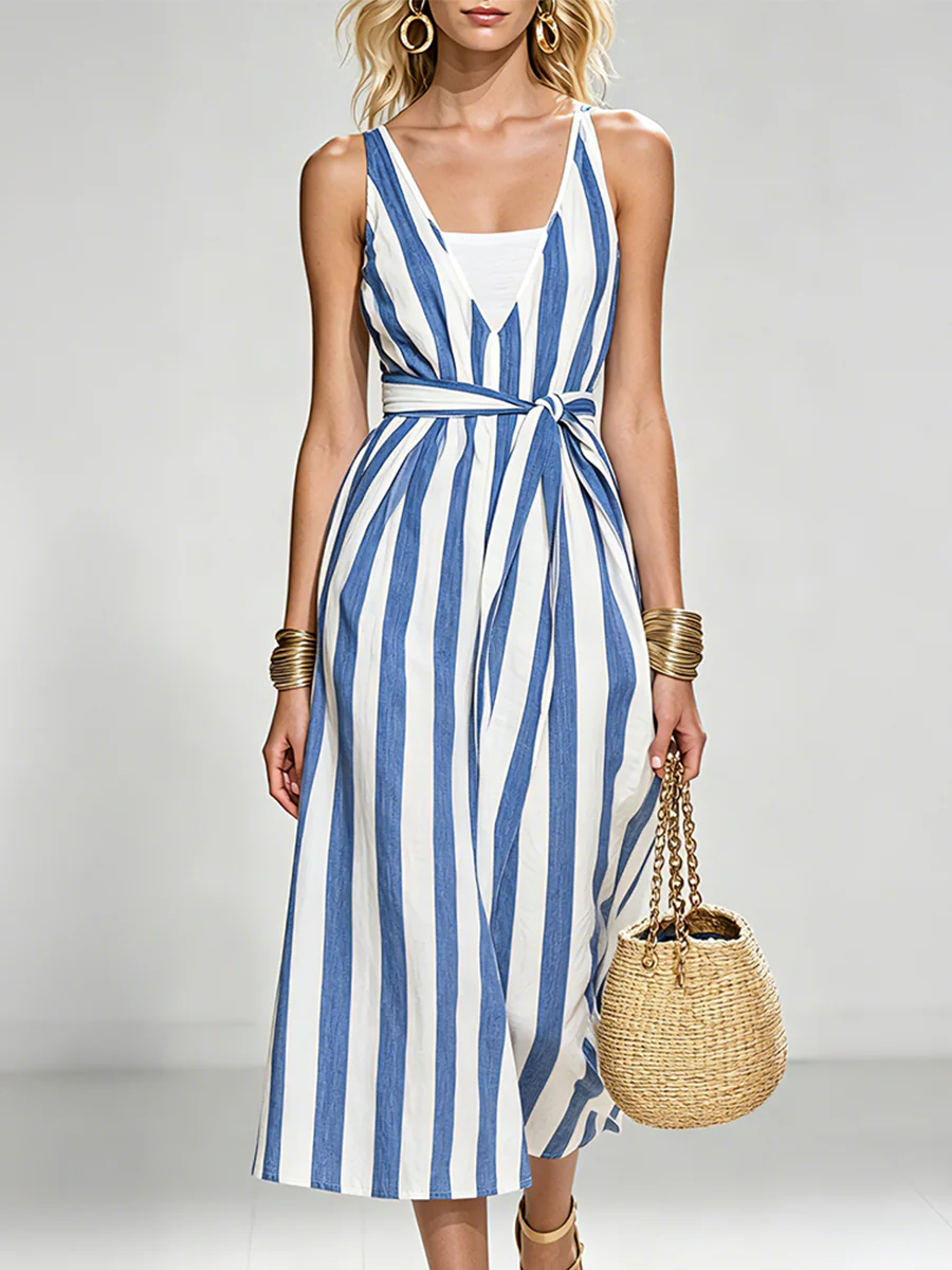 Resort Cotton Striped Belted Sundress Beach Maxi Dress - Image 2