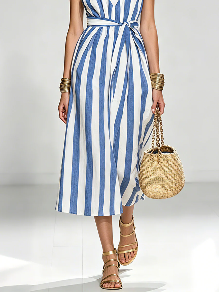 Resort Cotton Striped Belted Sundress Beach Maxi Dress - Image 3