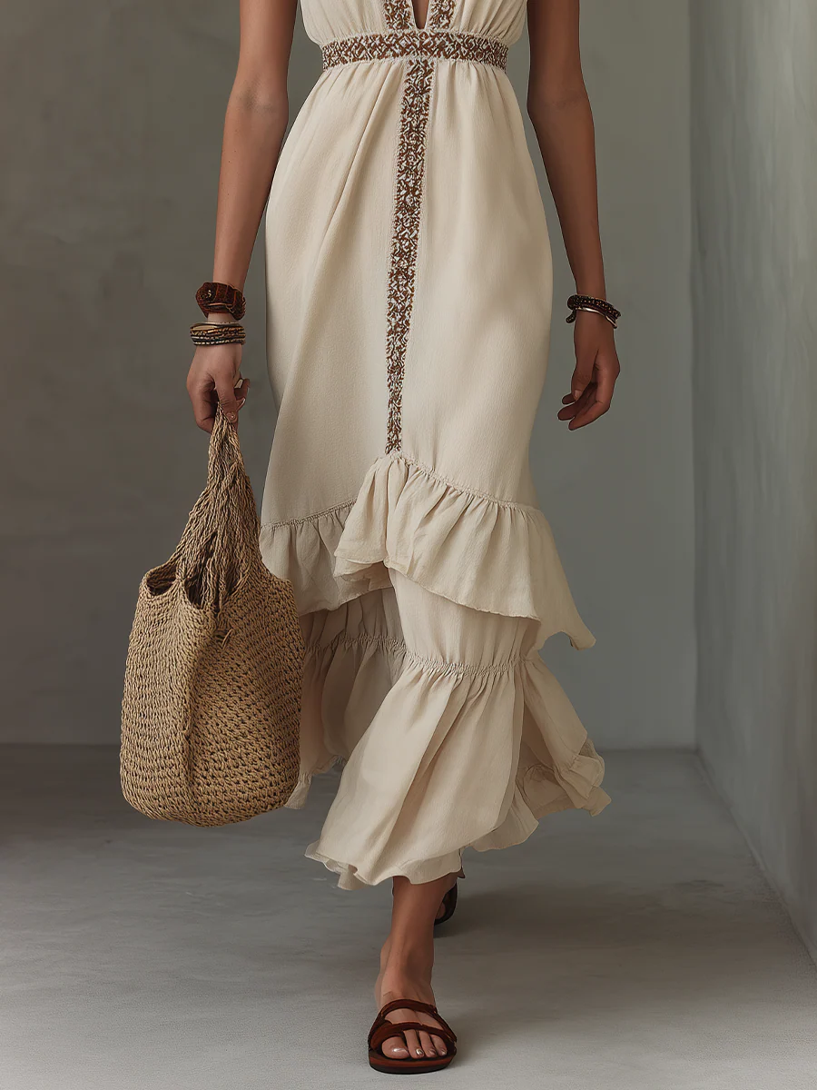 Resort Embroidered Trim Tiered Hem Halter Maxi Dress - Image 3