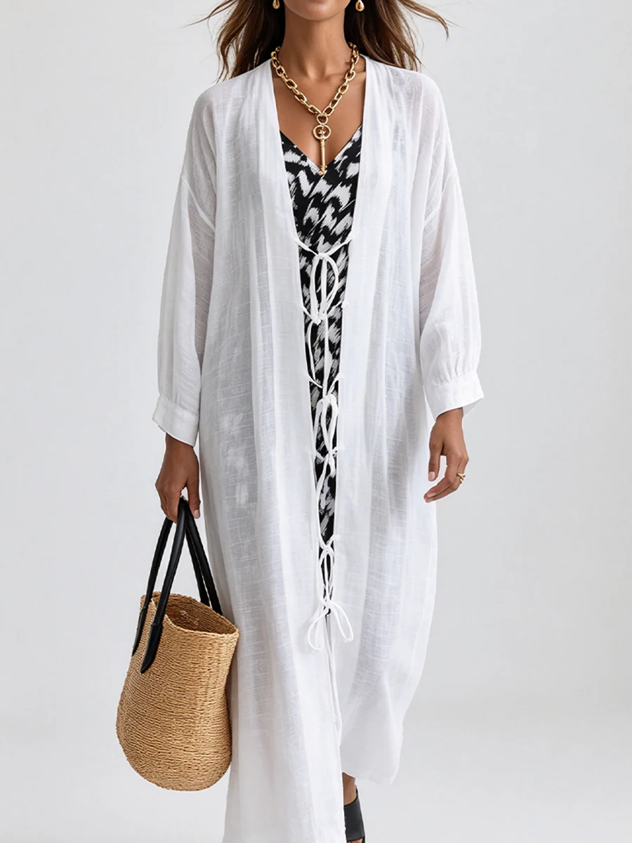 Vacation Sun Protection Two-Way Lightweight Linen Gauze Tie-Up Cover-Up Dress - Image 3