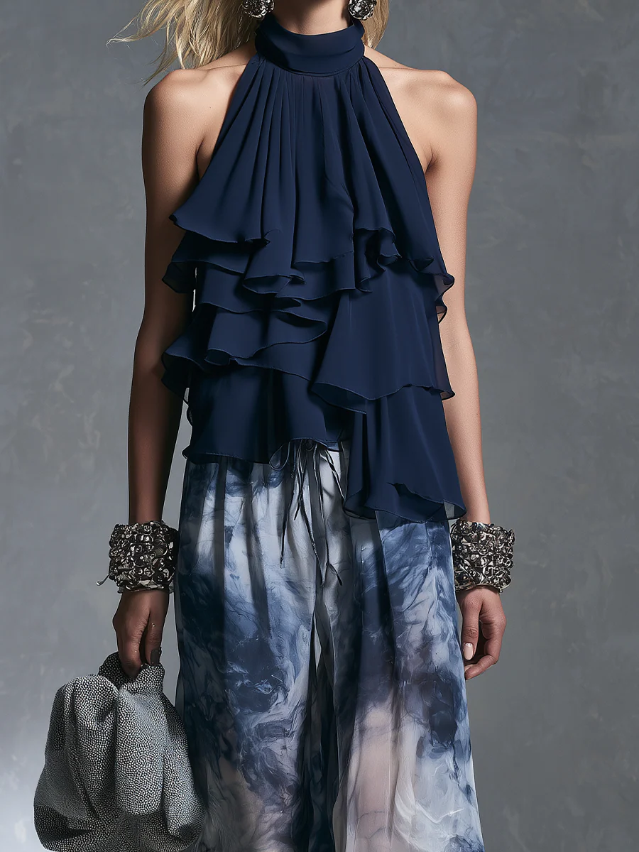 Resort Luxe Halter Ruffle Top & Watercolor Palazzo Pants Set - Image 2
