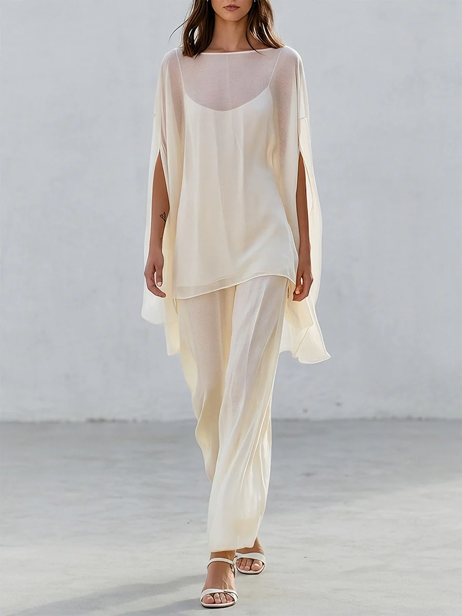 Resort Sheer Kaftan Top With Flowing Wide Leg Trousers Set