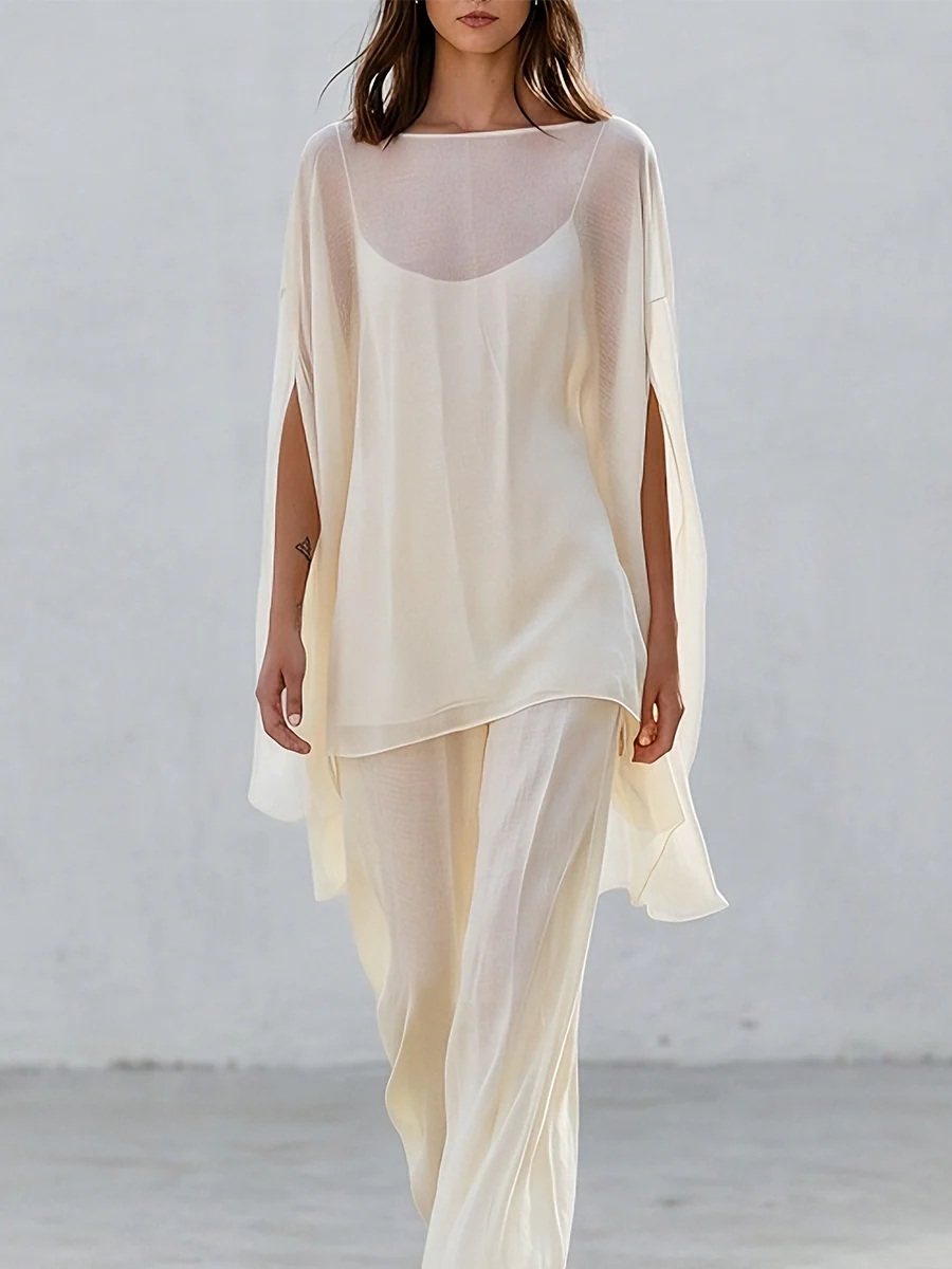 Resort Sheer Kaftan Top With Flowing Wide Leg Trousers Set - Image 2