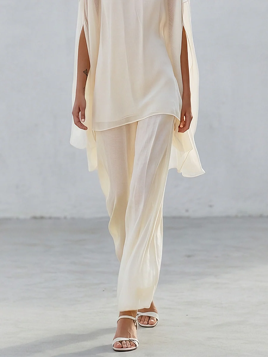 Resort Sheer Kaftan Top With Flowing Wide Leg Trousers Set - Image 3